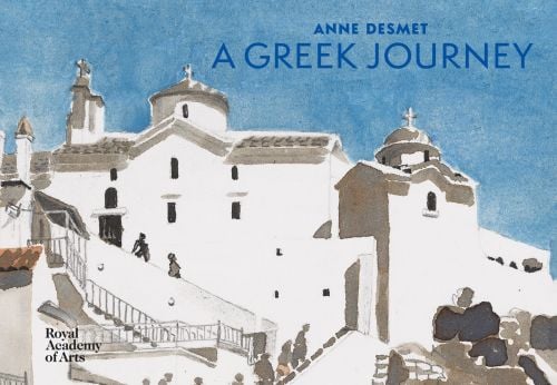 Watercolour sketch of The church of Virgin Mary in Greek Island of Skopelos, ANNE DESMET A GREEK JOURNEY in blue font to upper right.