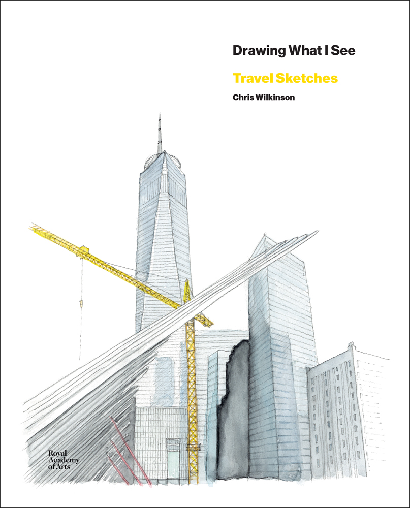 Architectural sketch of New York's One World Trade Center, white cover, Drawing What I See Travel Sketches in black and yellow font to upper right.