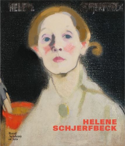 Self-Portrait, Black Background, 1915 by Helene Schjerfbeck, HELENE SCHJERFBECK in orange font to bottom right.