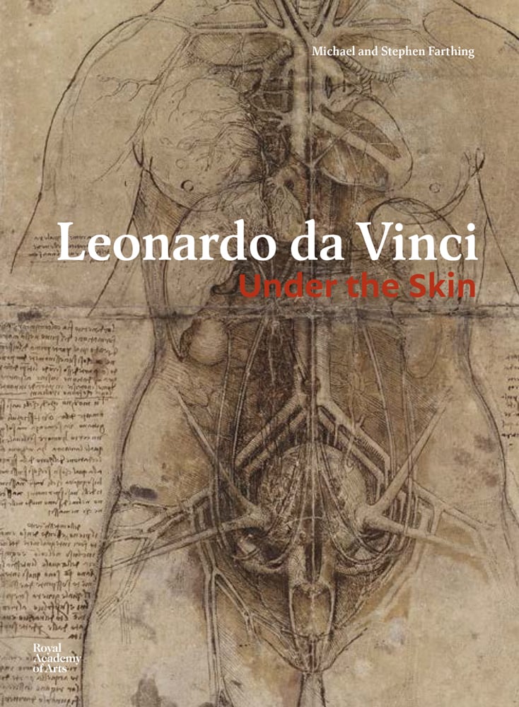 Anatomical drawing by Leonardo da Vinci of male torso on beige cover, Leonardo da Vinci Under the Skin in white and red font above
