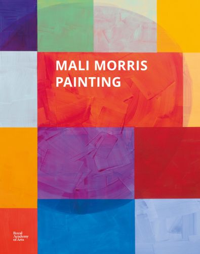 Multicoloured abstract painting of squares, pale egg shape, MALI MORRIS PAINTING in white font to upper centre