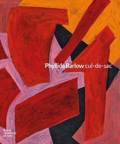 Abstract painting of red, pink, black and orange shapes, Phyllida Barlow cul-de-sac in white and pink font to centre