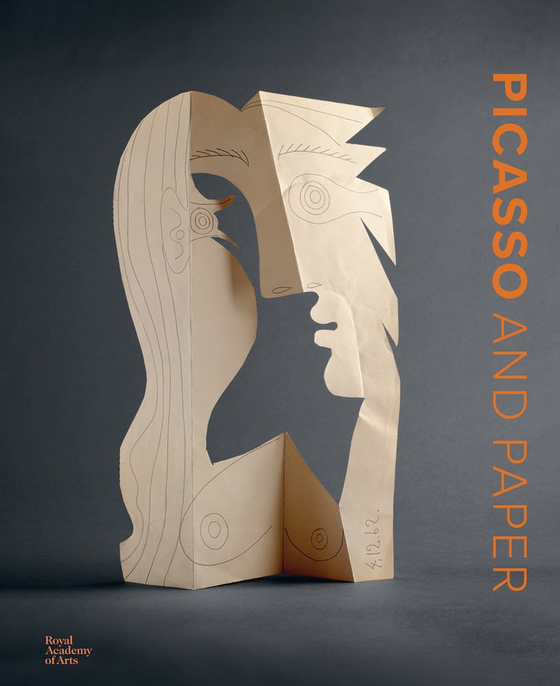 Head of a Woman pencil on cut and folded wove paper by Picasso, grey cover, PICASSO AND PAPER in orange font down right edge.