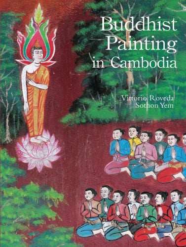 Buddhist mural painting, followers praying to Buddha, on cover of 'Buddhist Painting in Cambodia', by River Books.