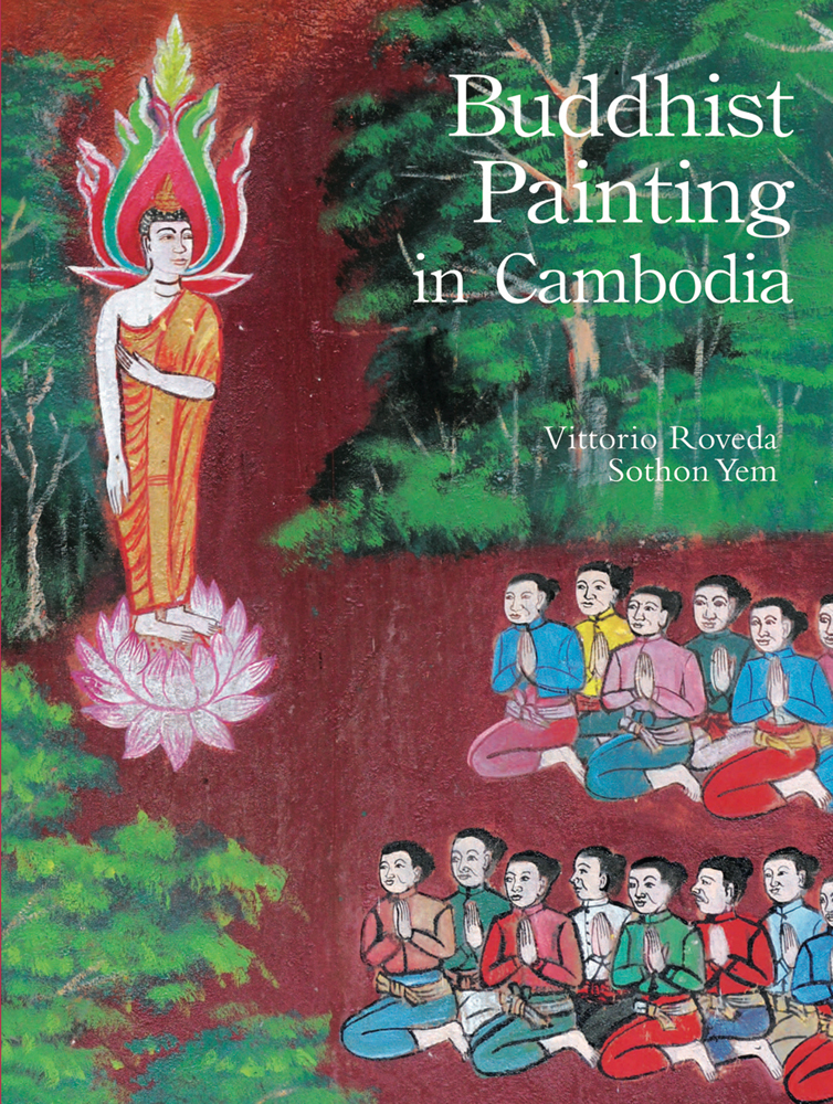 Buddhist mural painting, followers praying to Buddha, on cover of 'Buddhist Painting in Cambodia', by River Books.