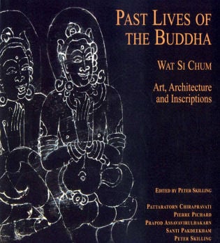 Inscribed stone relief of Buddha in white, on black surface, on cover of 'Past Lives of the Buddha', by River Books.