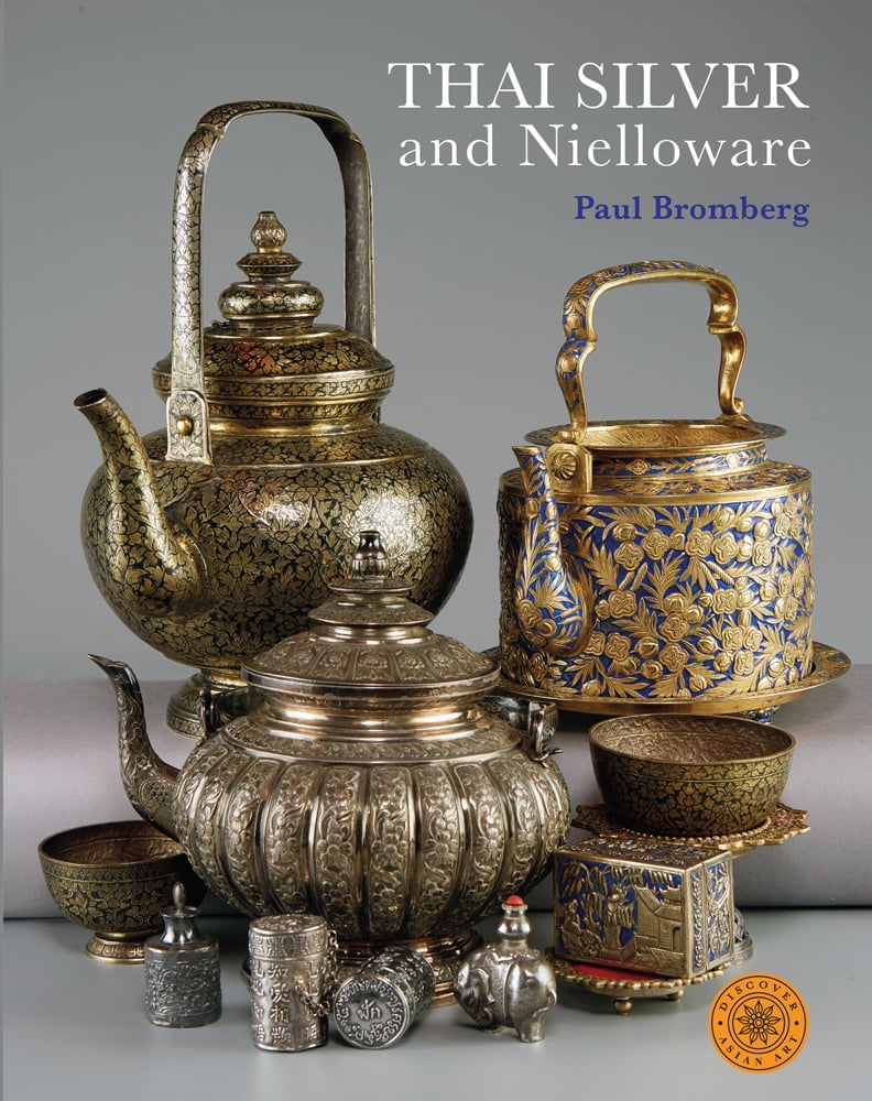 A collection of Thai Silverware and Nielloware teapots and vessels, 'THAI SILVER and Nielloware', in white font to upper right.