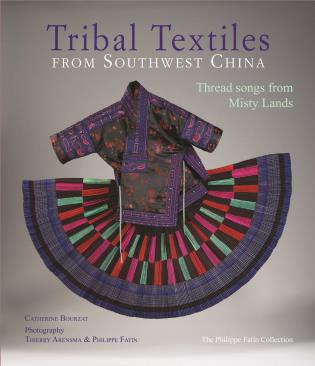 Photograph of traditional textile dress from Southwest China, 'Tribal Textiles of Southwest China', in purple, and white font above.