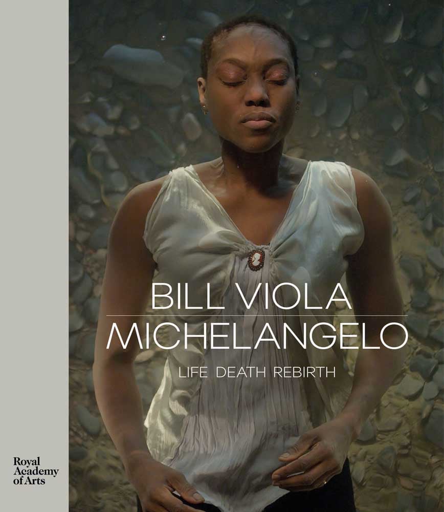 Black woman, eyes closed, floating under water in silk top, Bill Viola Michelangelo Life Death Rebirth in white font to lower half