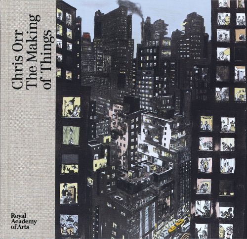Cartoon like print of dark grey high rise buildings in a bustling city, Chris Orr: The Making of Things in black font on left woven beige border.
