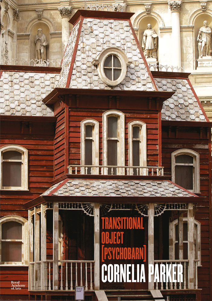 3 storey red barn with front porch, TRANSITIONAL OBJECT(PSYCHOBARN) CORNELIA PARKER in red and white font below