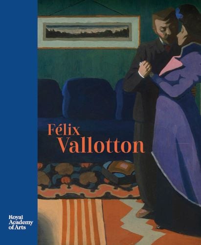 Gouache painting of The Visit by Vallotton, couple in embrace, Felix Vallotton in bright orange font to lower left, blue left border.