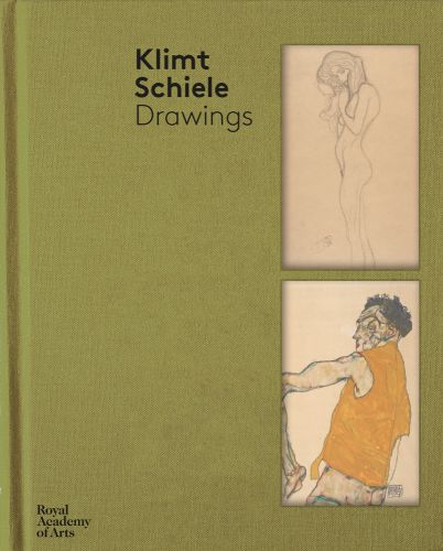 Naked figure by Klimt, figure in red top by Schiele, on dark olive cover, Klimt Schiele Drawings in black font to upper left