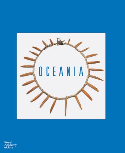 Tribal necklace on white square, on blue cover, Oceania in blue font to centre