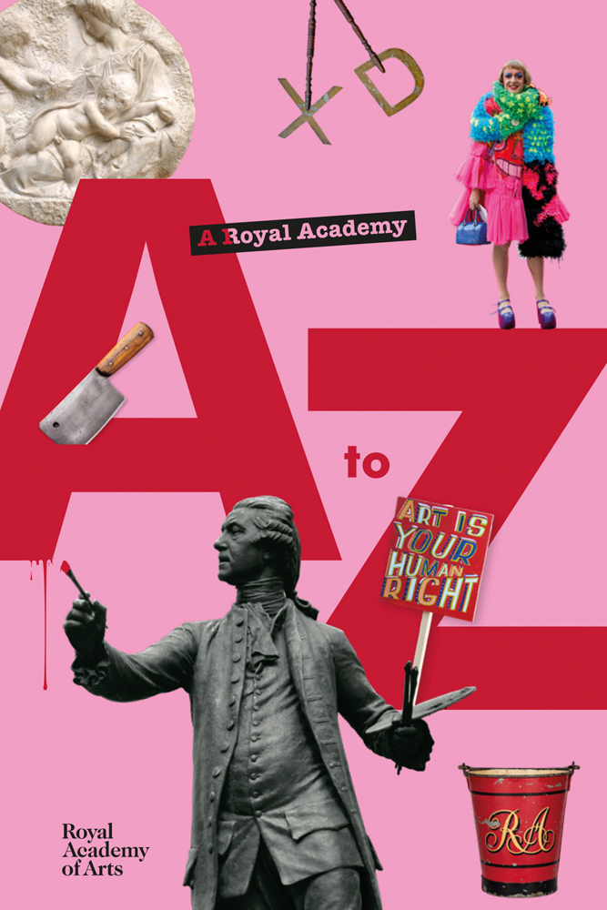 Pink cover, Grayson Perry in dress, bronze statue of painter, A Royal Academy A-Z in black and dark pink font