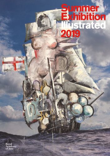 Marcus Harvey's 2016 Untitled (Big Galleon) painting, ship on water, nude female torso to centre, Summer Exhibition Illustrated 2019 in red and white font above.