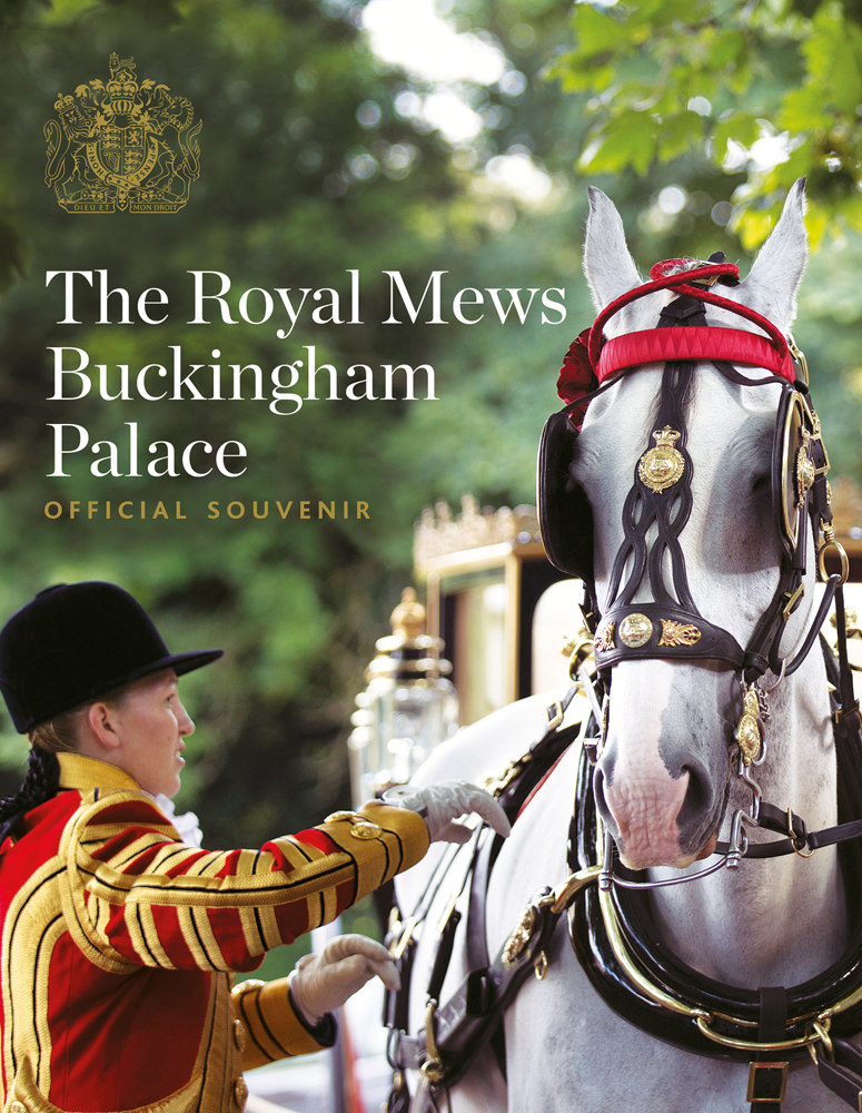 Female royal horse guard in red uniform with white horse, The Royal Mews Buckingham Palace in white font