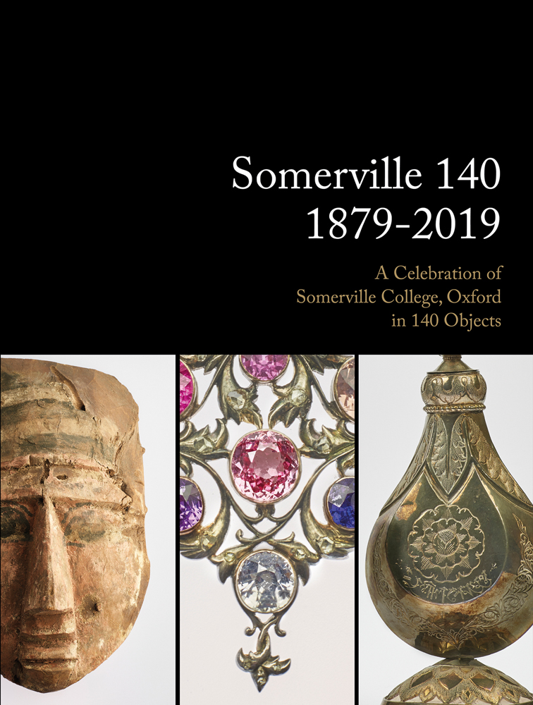 Set of 3 decorative sculptures, carved mask, jewellery piece, metal vessel, Somerville 140: 1879-2019 in white font on black top banner.