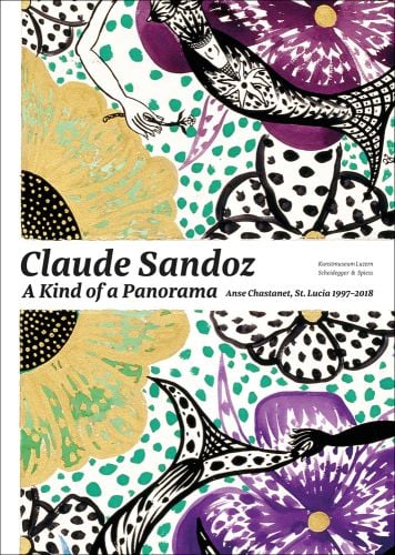 White and black polka dot flowers, purple pansies, Claude Sandoz A Kind of Panorama in black font on white centre banner