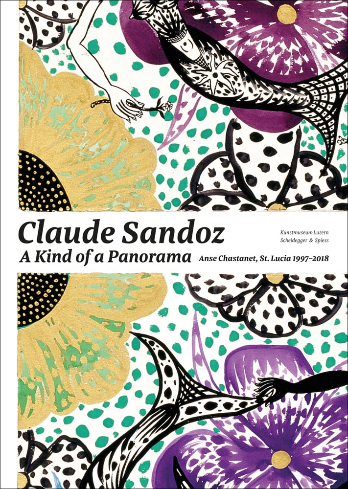 White and black polka dot flowers, purple pansies, Claude Sandoz A Kind of Panorama in black font on white centre banner