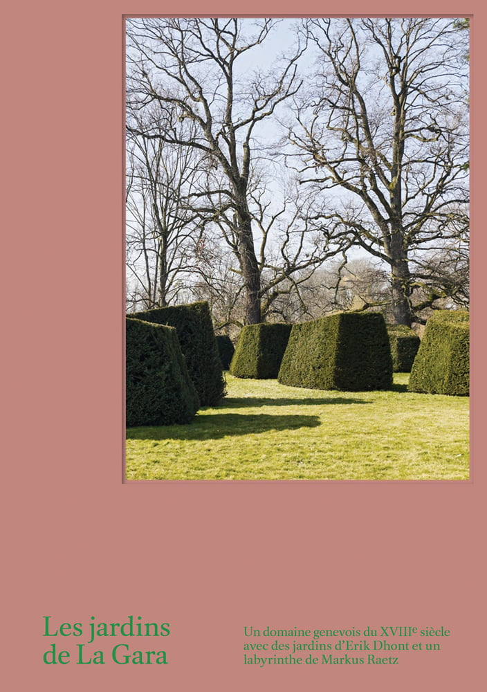 Low topiary hedges, large trees behind, on coral cover, Les Jardins de La Gara in green font to lower left