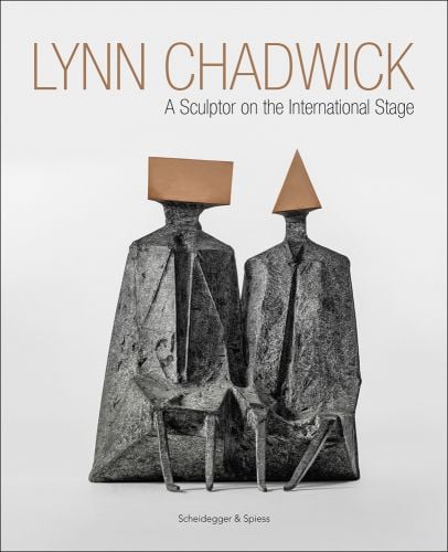 Grey abstract sculpture of seated couple, gold oblong and triangle on heads, off white cover, LYNN CHADWICK in gold font above