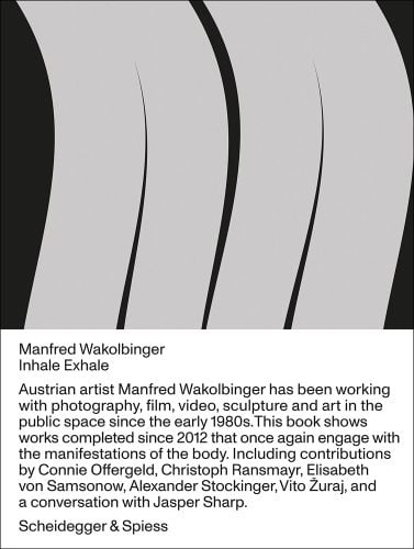 Grey sweeping lines on black panel, Manfred Wakolbinger Inhale Exhale in black font on bottom white banner.
