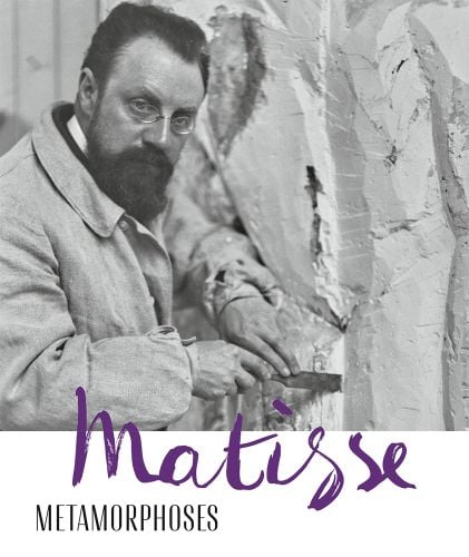 Henri Matisse in studio, sculpting cast with chisel, Matisse METAMORPHOSES in purple and black font on white banner below.