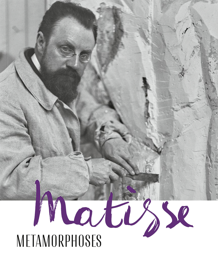 Henri Matisse in studio, sculpting cast with chisel, Matisse METAMORPHOSES in purple and black font on white banner below.