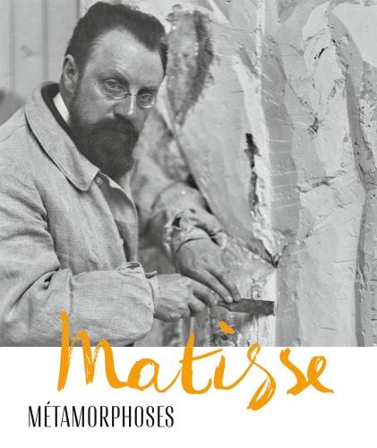 Henri Matisse in studio, sculpting cast with chisel, Matisse METAMORPHOSES in orange and black font on white banner below.