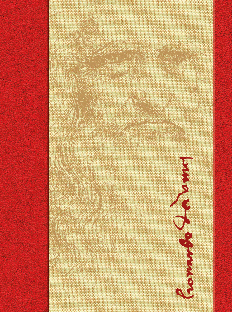 Sketch of Leonardo da Vinci, leonardo da vinci in red handwritten font to lower right, red borders to right and left edges