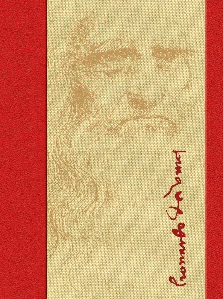 Sketch of Leonardo da Vinci, leonardo da vinci in red handwritten font to lower right, red borders to right and left edges