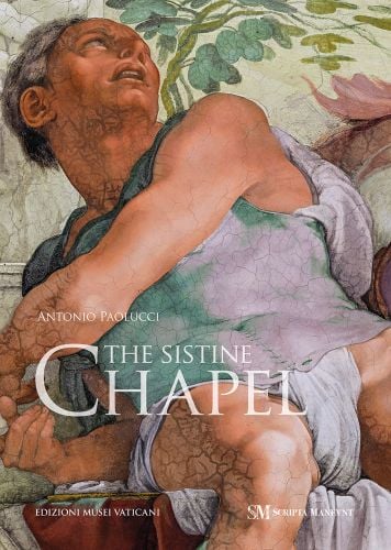 Close up of Sistine Chapel fresco by Michelangelo THE SISTINE CHAPEL in white font