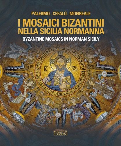 Religious Byzantine mosaic of Jesus Christ from Cappella Palatina, Palatine Chapel, Byzantine Mosaics in Norman Sicily in white font above