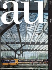 Magazine cover of a+u 19:07, 586: Transit Oriented Development and Management, with a modern train station. Published by Shinkenchiku-Sha Co., Ltd.
