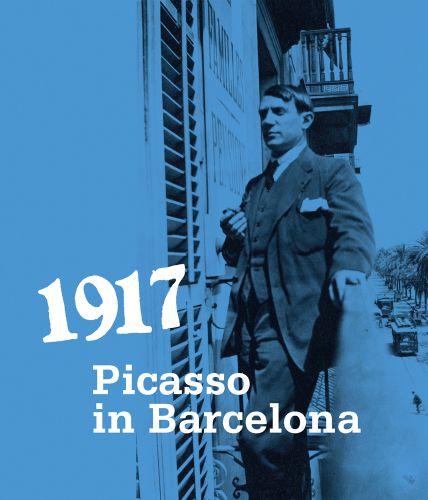 A young Picasso in suit, holding pipe in right hand, resting left hand on upper floor balcony bannister, 1917 Picasso in Barcelona in white font below.