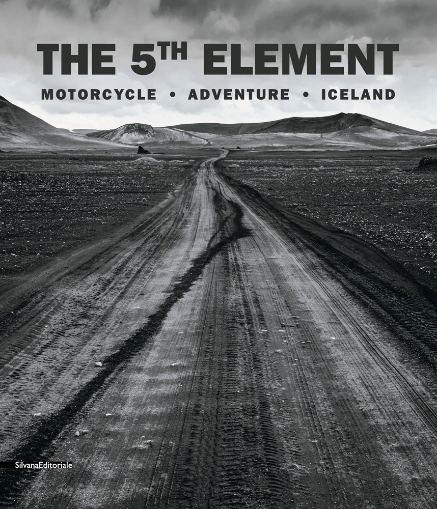 Black and white vast Icelandic mountainous landscape, dirt trail below, THE 5TH ELEMENT in black font above