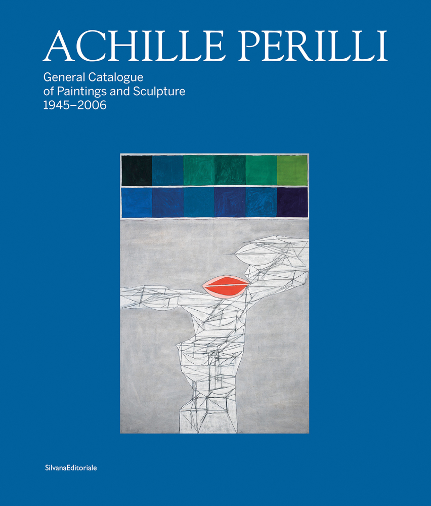 Abstract drawing of geometric shapes, 2 lines of blue and green squares above, blue cover, ACHILLE PERILLI in white font above.