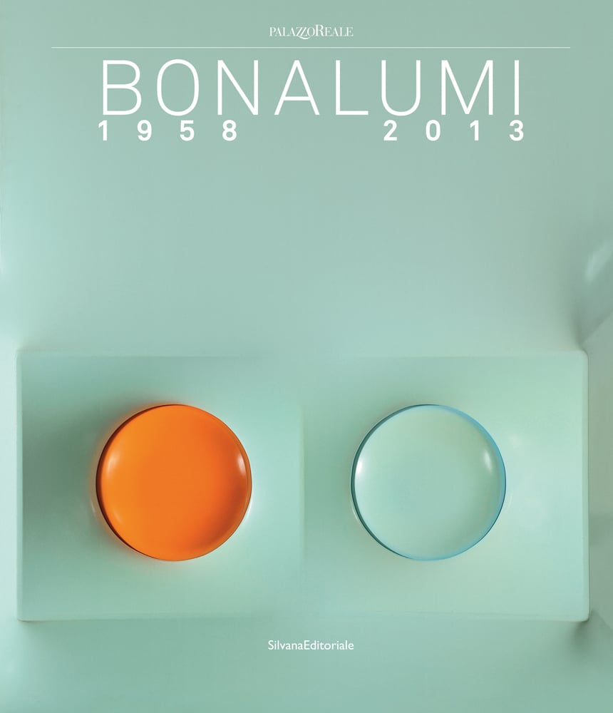 2D painting of 1 orange and 1 mint circle bubble, on mint surface, BONALUMI 1958 2013 in white font above