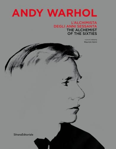 Monotone profile of Andy Warhol, grey cover, ANDY WARHOL The Alchemist of the Sixties in red and black font above.