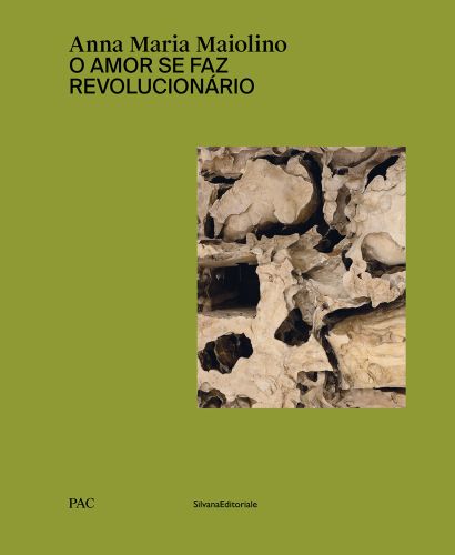 Aerial shot of organic stone like material, on olive green cover, Anna Maria Maiolino in black font above.
