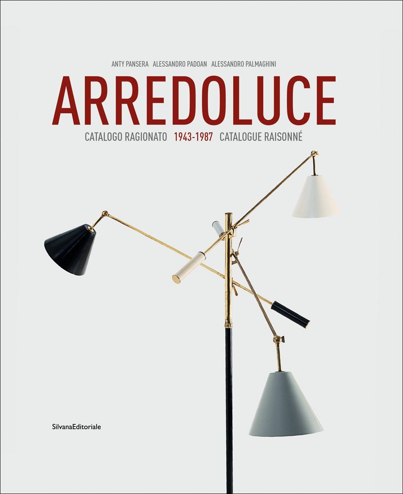 Standing industrial lamp with 3 poles with shades, on off white cover, Arredoluce in dark red font above