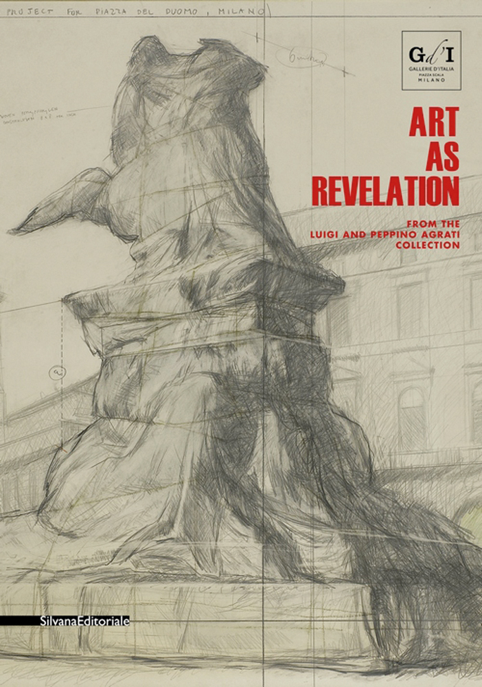 Sketch of statue on plinth, covered in cloth, ART AS REVELATION in red font to upper right