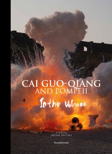 Performance art scene with explosive orange fire and white smoke, CAI GUO-QIANG AND POMPEII In the Volcano in white font to centre.