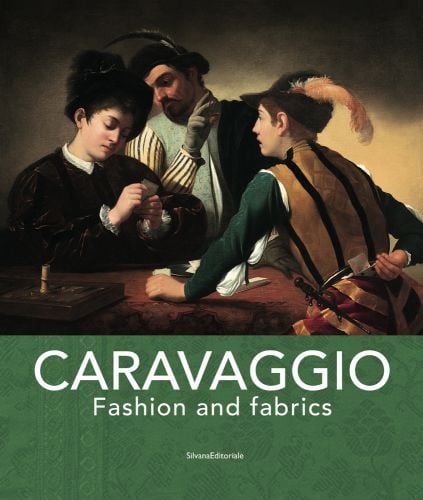 The Cardsharps by Caravaggio, 3 men playing cards at table, CARAVAGGIO Fashion and Fabrics in white font on green banner to bottom