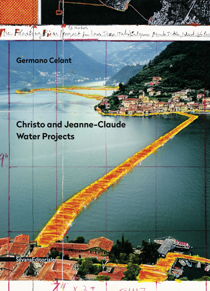 The Floating Piers installation on Lake Iseo, yellow fabric floating on water, Christo and Jeanne-Claude Water Projects in black font to centre left