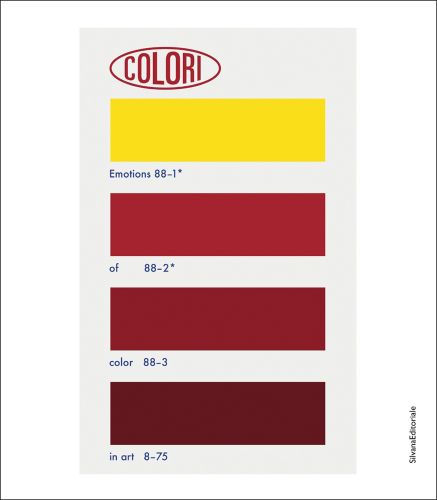 Colori colour chart, 3 red shades, 1 yellow, white cover, COLORI in red font with oval circle, to top left