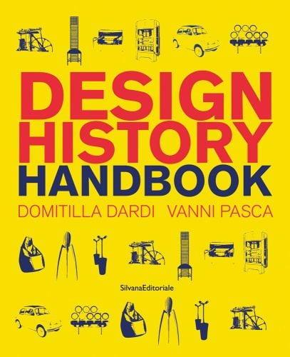 DESIGN HISTORY HANDBOOK in red and blue font on bright yellow cover, design product illustrations in blue across cover.