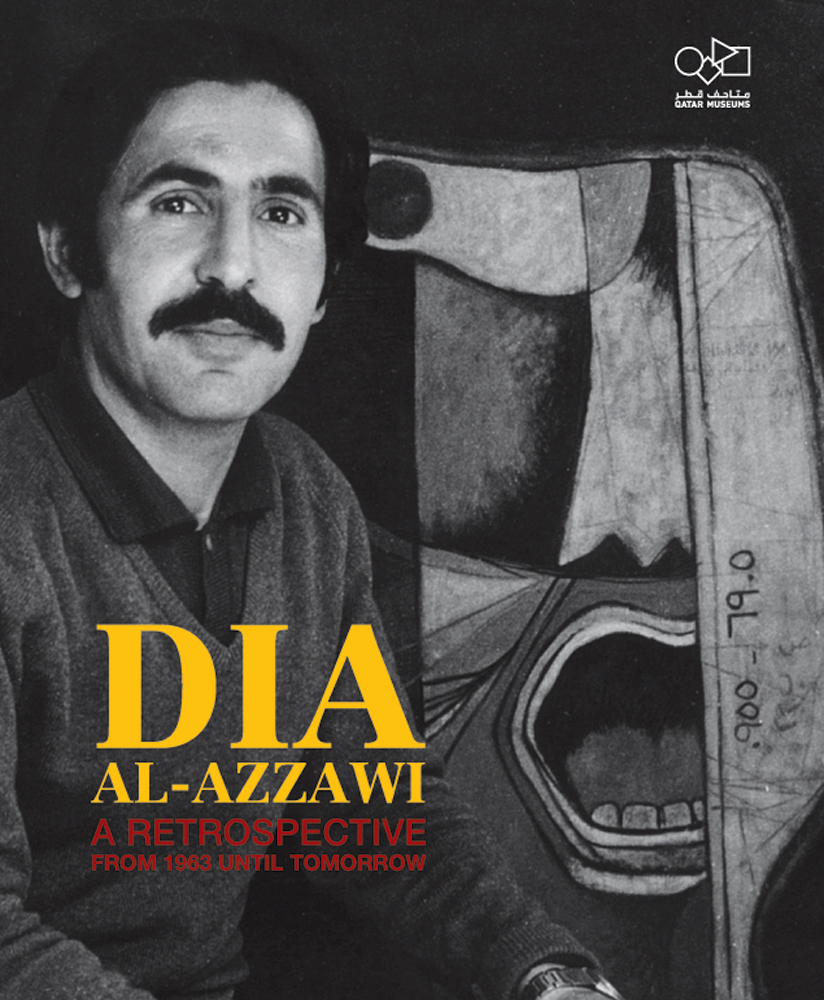 Dia Al-Azzawi in front of abstract painting, DIA AL-AZZAWI A RETROSPECTIVE FROM 1963 UNTIL TOMORROW in yellow and red font below