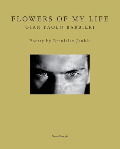 Top half of face, eyes and nose, to centre, on mustard cover, FLOWERS OF MY LIFE GIAN PAOLO BARBIERI in black font above